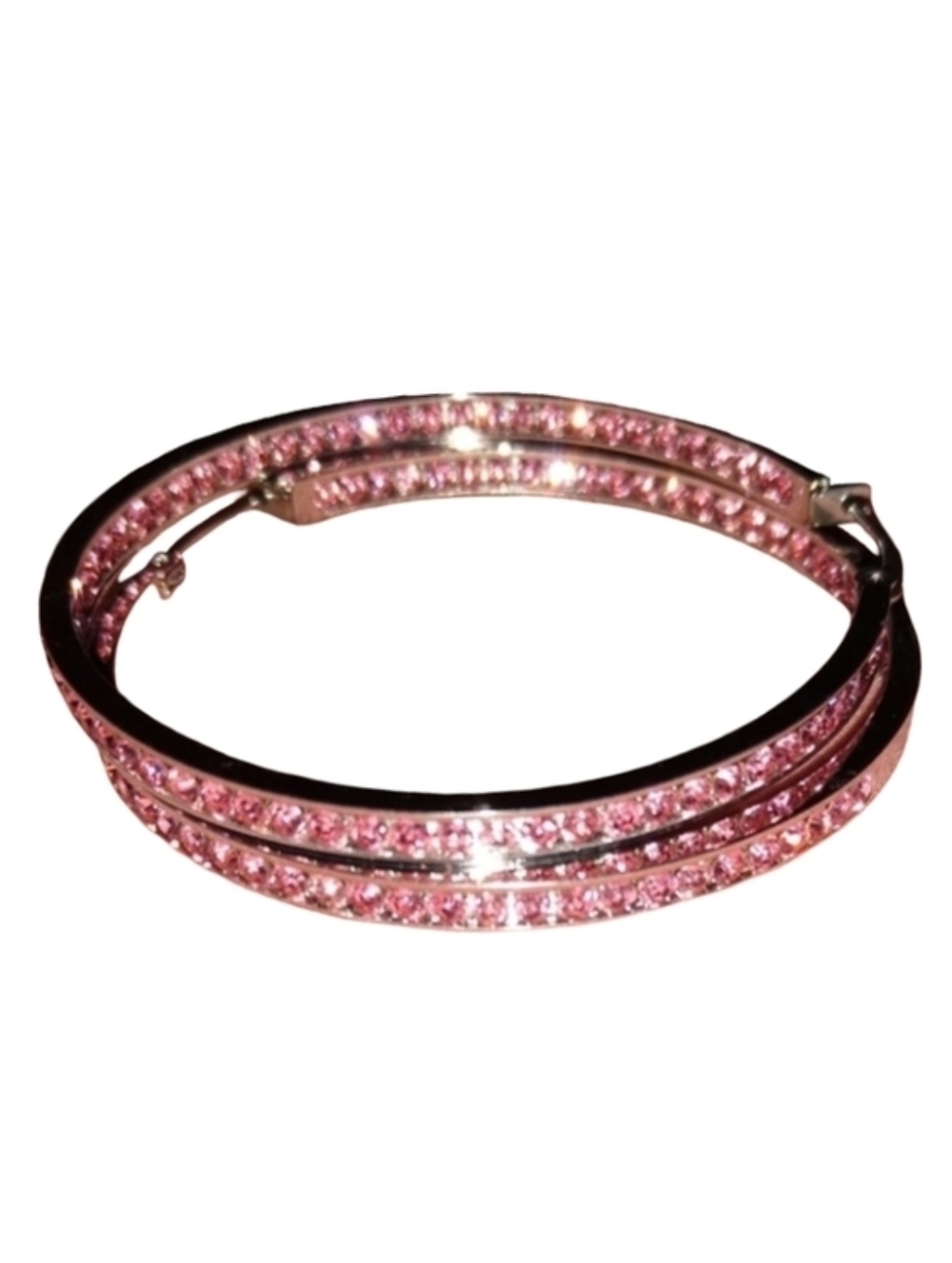 Pink Rhinestone Silver Hoop Earrings Crystal Channel Hoops Sparkling Rhinestones